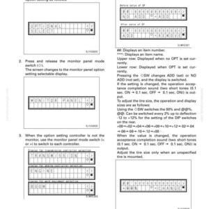 K&ouml;nnte beinhalten: Eine Seite aus einem technischen Handbuch mit Diagrammen und Anweisungen f&uuml;r einen Maschinenmonitor. Die Seite enth&auml;lt Text und Diagramme, die Betriebsmethoden, Optionseinstellungen und Controller-Auswahlen detailliert beschreiben. Der Text enth&auml;lt die W&ouml;rter "OPTIONAL", "SELECT", "MONITOR PANEL", "TRANSMISSION", "ENGINE", und "BOOM".