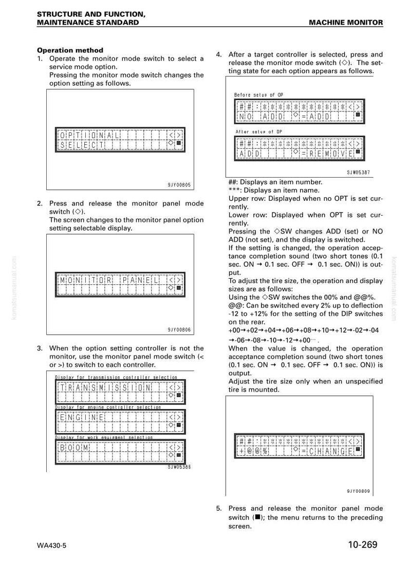 K&ouml;nnte beinhalten: Eine Seite aus einem technischen Handbuch mit Diagrammen und Anweisungen f&uuml;r einen Maschinenmonitor. Die Seite enth&auml;lt Text und Diagramme, die Betriebsmethoden, Optionseinstellungen und Controller-Auswahlen detailliert beschreiben. Der Text enth&auml;lt die W&ouml;rter "OPTIONAL", "SELECT", "MONITOR PANEL", "TRANSMISSION", "ENGINE", und "BOOM".