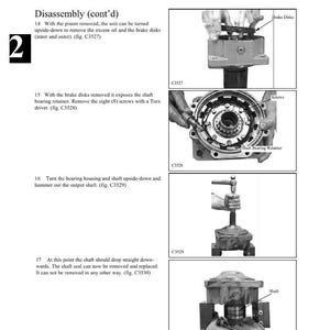May include: A technical diagram from a manual, titled "DRIVE MOTOR 2.11," detailing the disassembly process. The image includes numbered steps with accompanying illustrations of the motor components, including brake disks, screws, and the shaft.