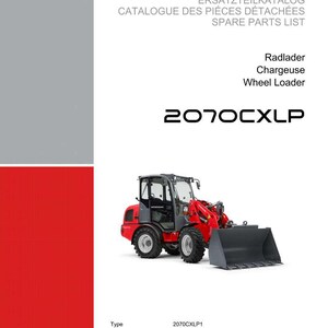 May include: A red and gray wheel loader, model 2070CXLP, is featured on a white background. The image includes the Weidemann logo and text in English, French, and German, indicating it's a spare parts list.