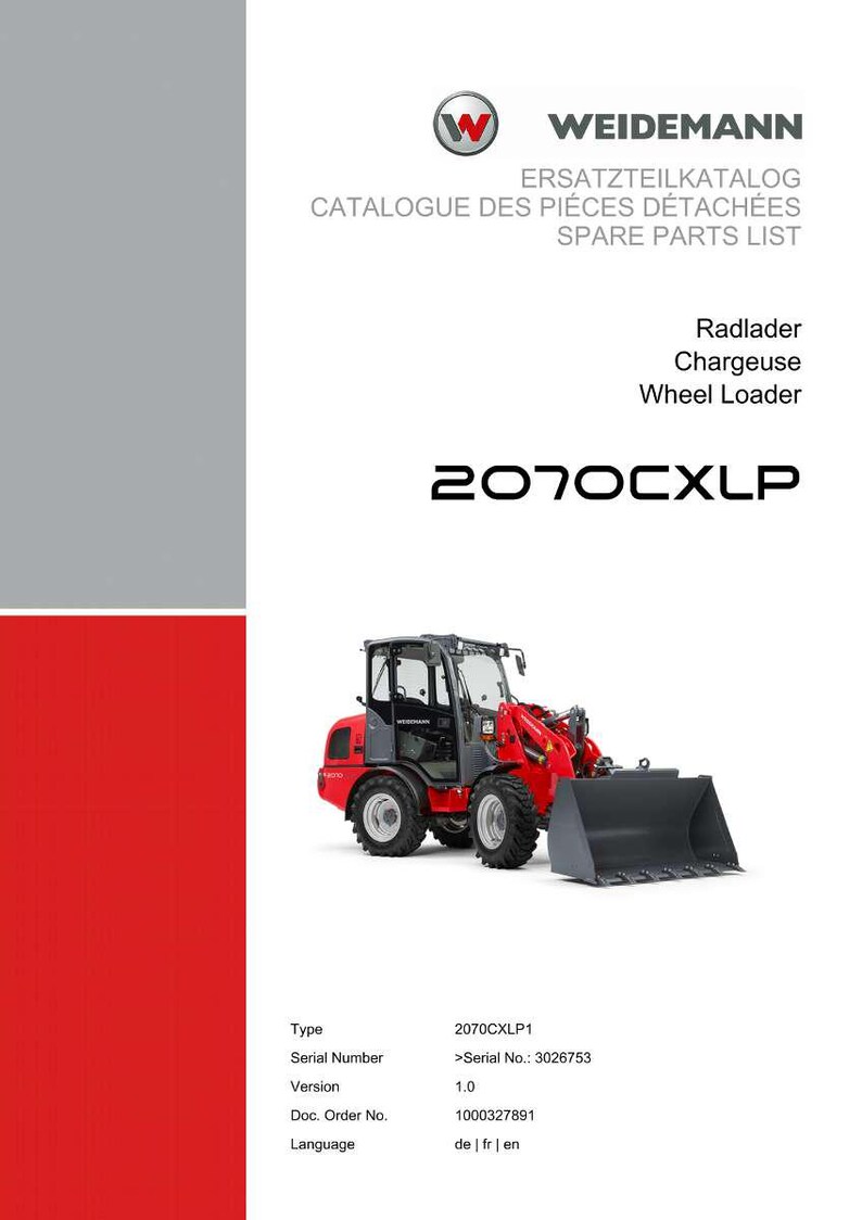 May include: A red and gray wheel loader, model 2070CXLP, is featured on a white background. The image includes the Weidemann logo and text in English, French, and German, indicating it's a spare parts list.