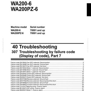 May include: A shop manual page for a Wheel Loader WA200-6 and WA200PZ-6. The page details troubleshooting by failure code, with a list of error codes and their descriptions. The Komatsu logo is at the bottom of the page.