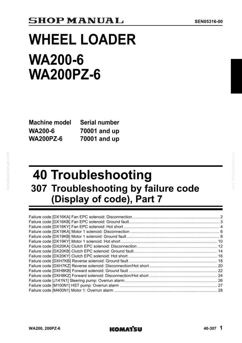 May include: A shop manual page for a Wheel Loader WA200-6 and WA200PZ-6. The page details troubleshooting by failure code, with a list of error codes and their descriptions. The Komatsu logo is at the bottom of the page.