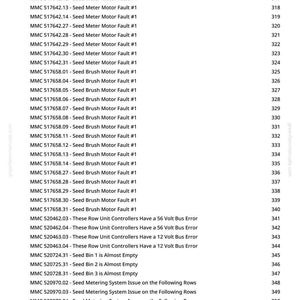 May include: A page from a manual with a list of error codes and descriptions related to a seed meter system. The codes include faults like "Seed Meter Motor Fault" and "Seed Brush Motor Fault".