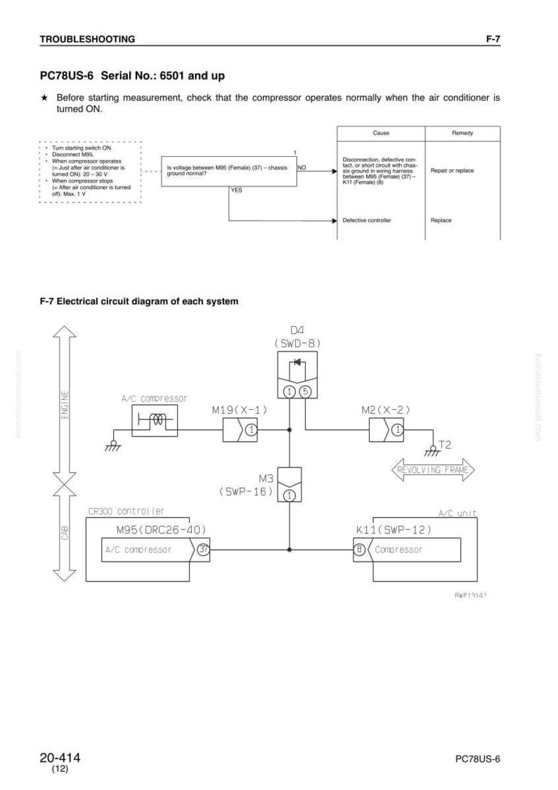 May include: A detailed electrical circuit diagram for the PC78US-6, including components like the A/C compressor, controller, and various switches. The diagram includes troubleshooting steps and voltage checks.