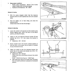May include: Diagram from a manual titled "Testing and Adjusting Bucket Positioner." The image includes diagrams with labels and measurements in millimeters, along with instructions for engine maintenance and adjustment procedures.