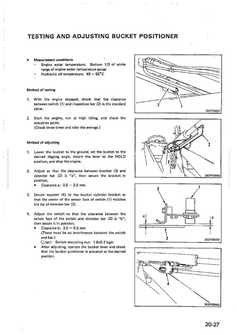 May include: Diagram from a manual titled "Testing and Adjusting Bucket Positioner." The image includes diagrams with labels and measurements in millimeters, along with instructions for engine maintenance and adjustment procedures.