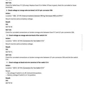 May include: A white document with black text detailing electrical troubleshooting steps. The document includes numbered instructions, voltage checks, and connector locations. The text is organized with headings and subheadings for clarity.