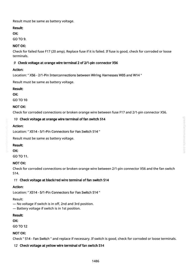 May include: A white document with black text detailing electrical troubleshooting steps. The document includes numbered instructions, voltage checks, and connector locations. The text is organized with headings and subheadings for clarity.