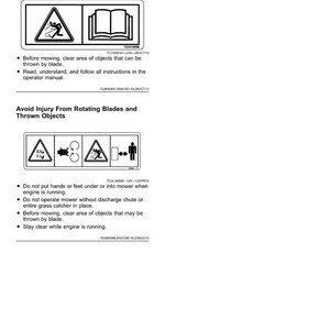 May include: A page from a manual with safety labels. The labels warn against thrown objects and rotating blades. The text includes instructions to clear the area before mowing and to read the operator's manual.