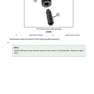 May include: Diagram of a spool valve assembly, including a drive spool and sleeve, and steering valve housing. The image includes the text "T217477A-UN: Spool Valve Assembly" and instructions for removal.