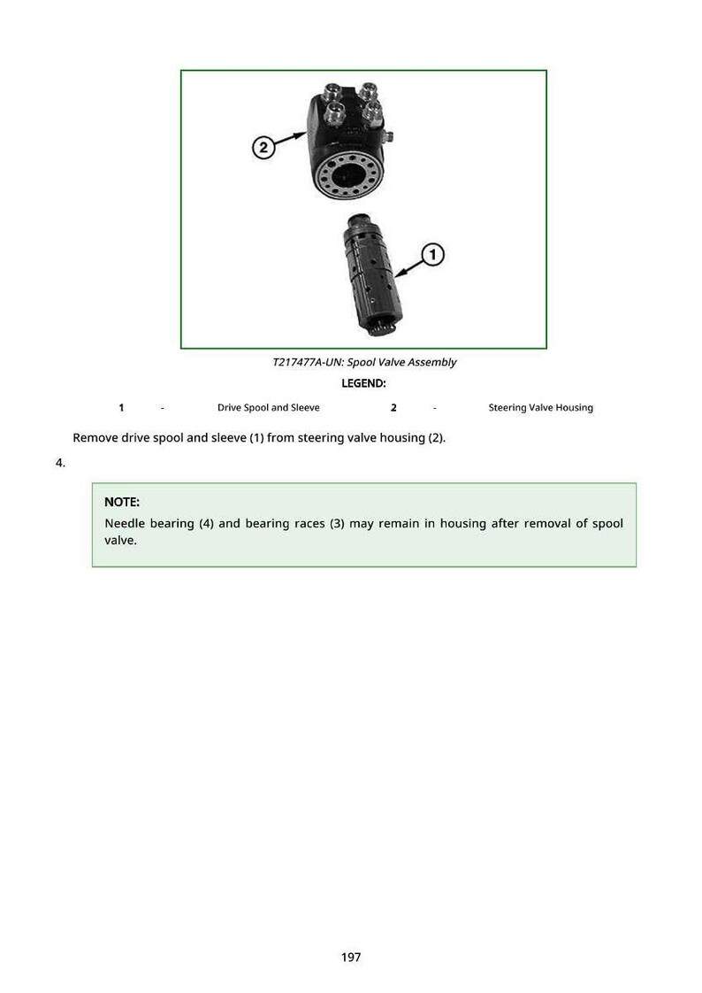May include: Diagram of a spool valve assembly, including a drive spool and sleeve, and steering valve housing. The image includes the text "T217477A-UN: Spool Valve Assembly" and instructions for removal.