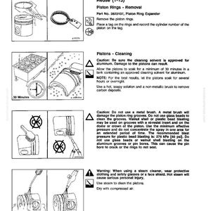 May include: Black and white technical diagram illustrating piston cleaning and inspection for reuse. Instructions include removing piston rings, cleaning with solvent, and using a steam cleaner. Text includes warnings about using the correct tools and safety precautions.