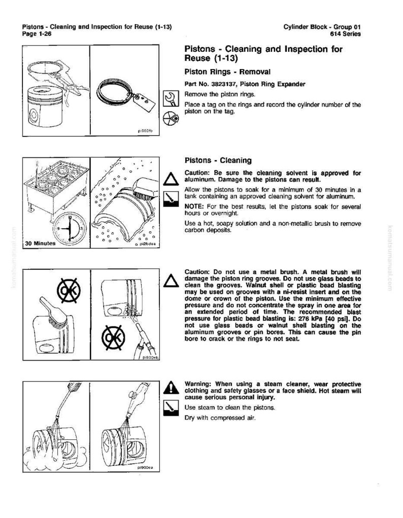 May include: Black and white technical diagram illustrating piston cleaning and inspection for reuse. Instructions include removing piston rings, cleaning with solvent, and using a steam cleaner. Text includes warnings about using the correct tools and safety precautions.