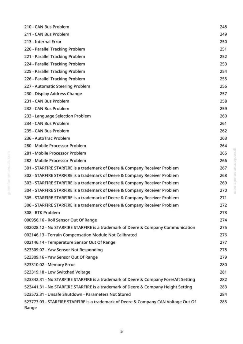 May include: A white page with a list of technical issues and error codes, including CAN Bus problems, tracking issues, and sensor errors. The text is in black, with a website address at the top.