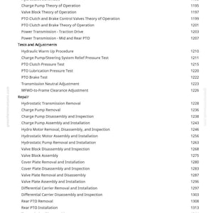 K&ouml;nnte beinhalten: Eine wei&szlig;e Seite mit einem detaillierten Inhaltsverzeichnis f&uuml;r ein Handbuch, einschlie&szlig;lich Abschnitten zu Getriebe, Tests, Einstellungen und Reparaturverfahren. Der Text ist schwarz und in Listenform angeordnet, mit Seitenzahlen rechts.