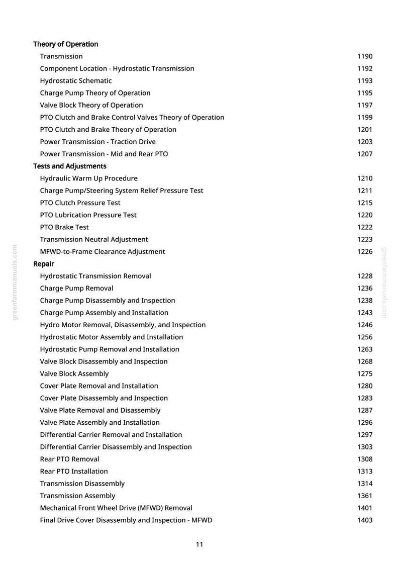 K&ouml;nnte beinhalten: Eine wei&szlig;e Seite mit einem detaillierten Inhaltsverzeichnis f&uuml;r ein Handbuch, einschlie&szlig;lich Abschnitten zu Getriebe, Tests, Einstellungen und Reparaturverfahren. Der Text ist schwarz und in Listenform angeordnet, mit Seitenzahlen rechts.