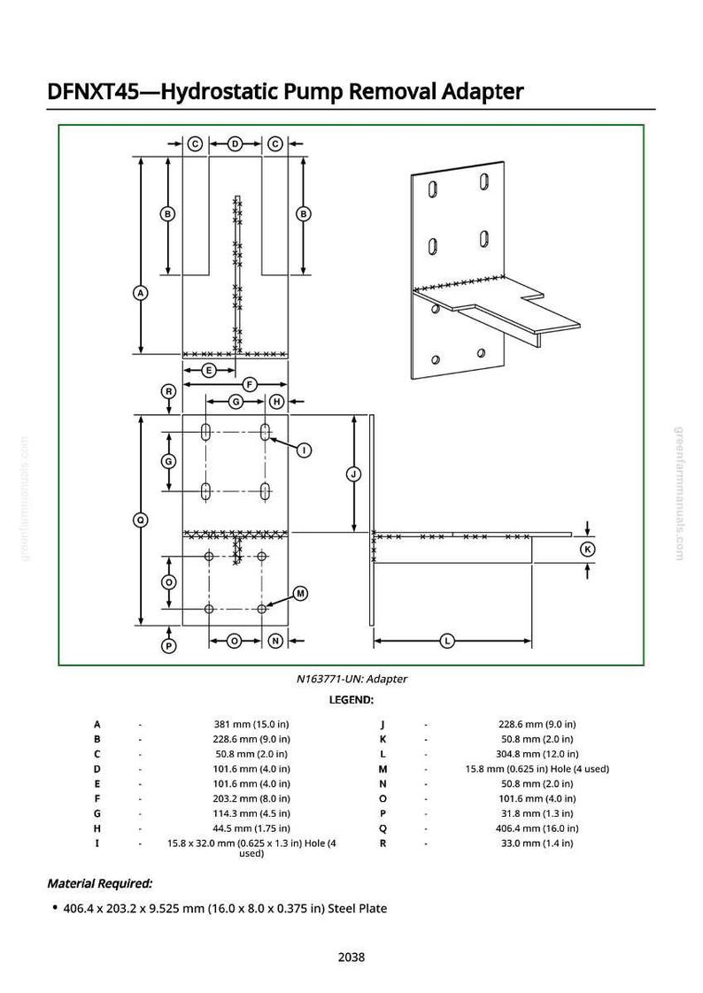 May include: Technical diagram of a hydrostatic pump removal adapter, labeled DFNXT45. The diagram includes dimensions in inches, with a legend and material specifications. The adapter is made of steel.