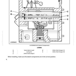 May include: Diagram of detent components, including detent balls, locking pin, and shifter shafts. Text labels identify each part. The diagram is labeled LX1039430-UN and includes the text "When installing, make sure the detent components are in the correct position."