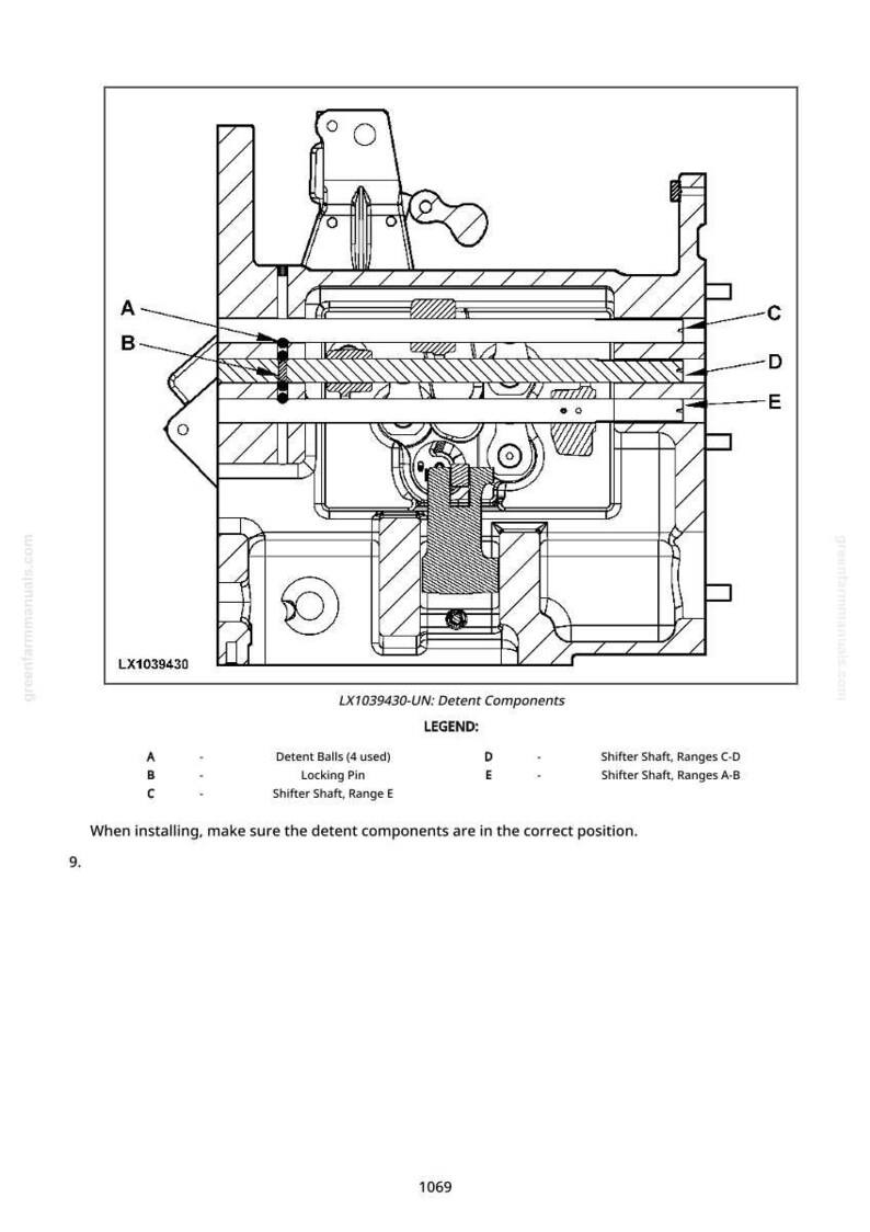May include: Diagram of detent components, including detent balls, locking pin, and shifter shafts. Text labels identify each part. The diagram is labeled LX1039430-UN and includes the text "When installing, make sure the detent components are in the correct position."