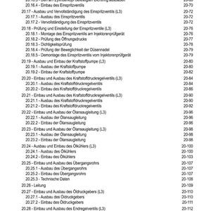 Pu&ograve; includere: Una pagina bianca con un dettagliato sommario in tedesco, che elenca varie procedure di riparazione automobilistica. Il documento include sezioni su pompe del carburante, radiatori dell'olio e altri componenti del motore, con i relativi numeri di pagina.