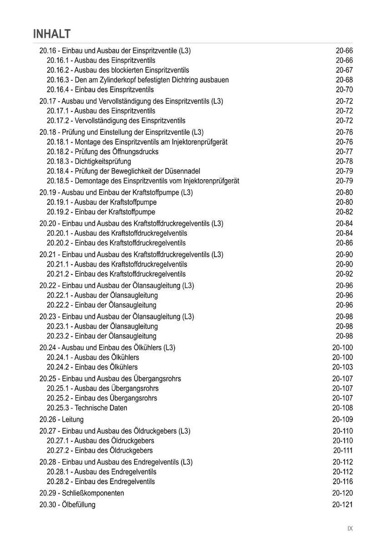 Pu&ograve; includere: Una pagina bianca con un dettagliato sommario in tedesco, che elenca varie procedure di riparazione automobilistica. Il documento include sezioni su pompe del carburante, radiatori dell'olio e altri componenti del motore, con i relativi numeri di pagina.