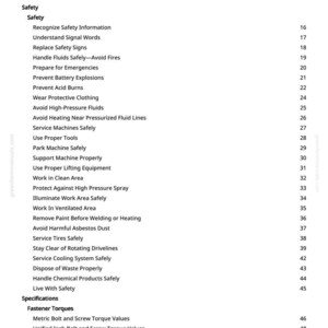 May include: A page from a manual titled "Table of Contents." The document lists safety topics, including handling fluids, preventing explosions, and using proper tools. The page is white with black text.