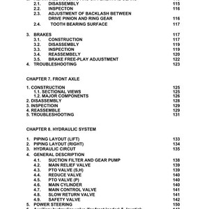 May include: A service manual for MF1740/1747 models, featuring detailed chapters on rear axles, brakes, front axles, and hydraulic systems. Includes sections on disassembly, inspection, and troubleshooting.