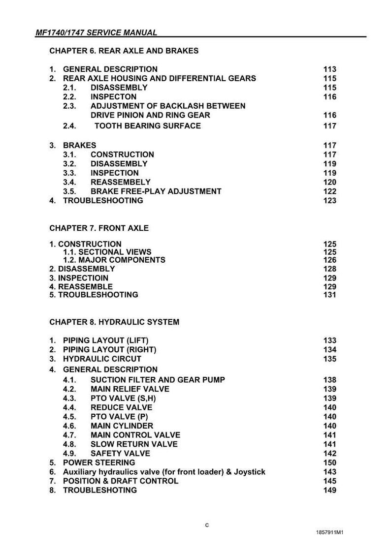 May include: A service manual for MF1740/1747 models, featuring detailed chapters on rear axles, brakes, front axles, and hydraulic systems. Includes sections on disassembly, inspection, and troubleshooting.