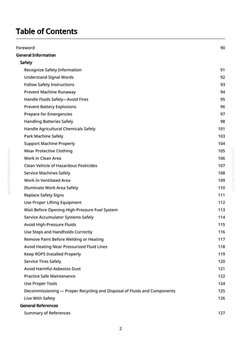 Puede incluir: Una p&aacute;gina de un manual titulada "Tabla de Contenidos". El documento enumera temas de seguridad como "Reconocer la informaci&oacute;n de seguridad", "Prevenir la fuga de la m&aacute;quina" y "Evitar el polvo de amianto nocivo".
