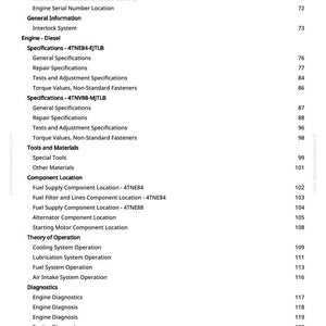 May include: A page from a manual with a table of contents for an engine. The text includes sections on cooling systems, engine diagnostics, and component locations. Page numbers are listed on the right.