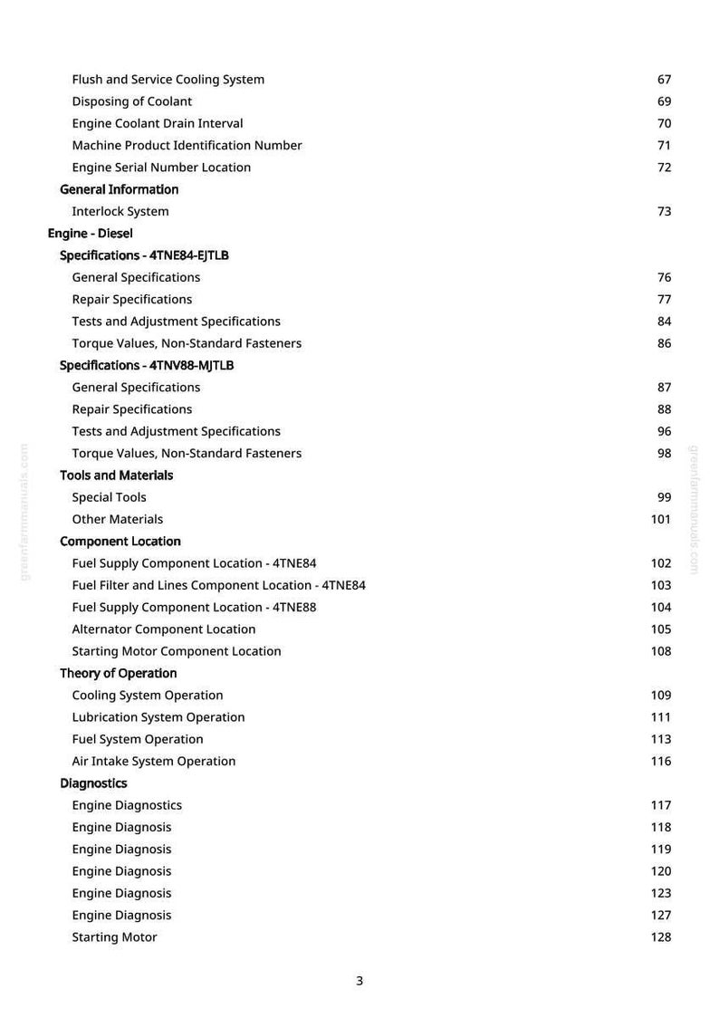 May include: A page from a manual with a table of contents for an engine. The text includes sections on cooling systems, engine diagnostics, and component locations. Page numbers are listed on the right.