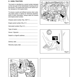 May include: A page from a tractor manual with the title "Tractor identification and technical specifications." The page includes diagrams and text detailing serial numbers and tractor components.