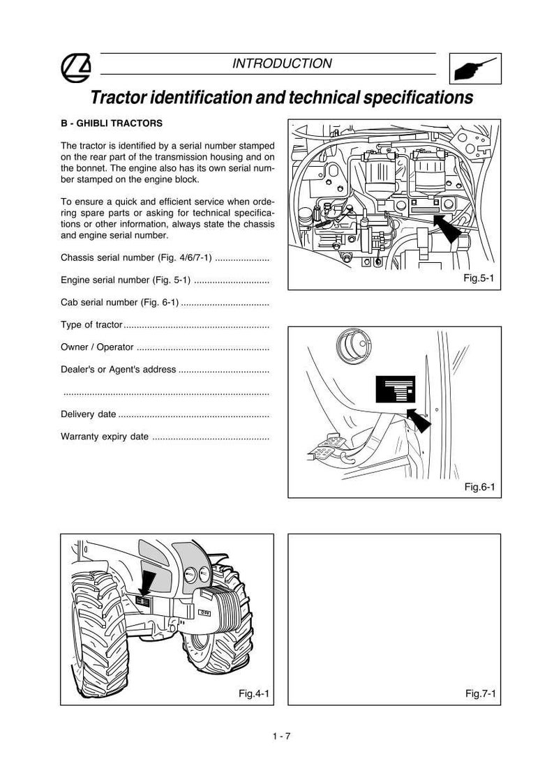 May include: A page from a tractor manual with the title "Tractor identification and technical specifications." The page includes diagrams and text detailing serial numbers and tractor components.