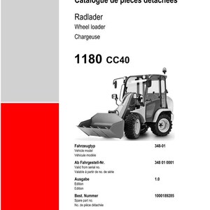 May include: A spare parts list document for a wheel loader, with the text "Ersatzteilliste" and "Spare parts list." The image shows a detailed illustration of the wheel loader model 1180 CC40, with the Weidemann logo at the bottom.