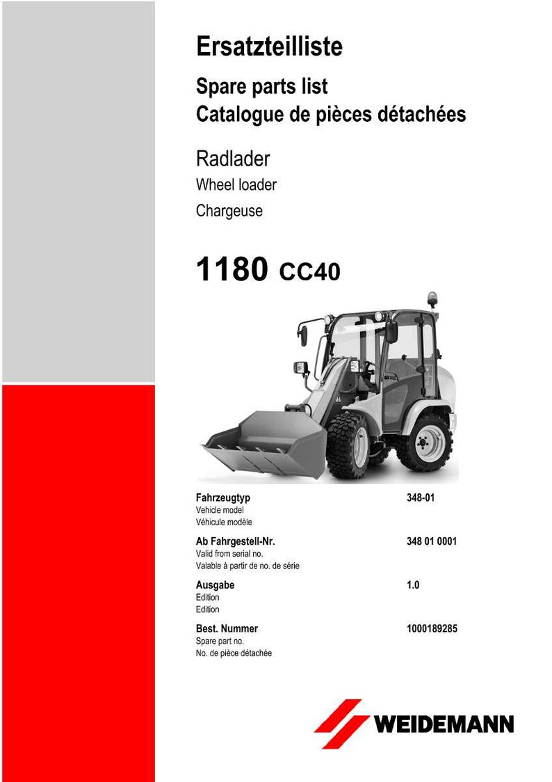 May include: A spare parts list document for a wheel loader, with the text "Ersatzteilliste" and "Spare parts list." The image shows a detailed illustration of the wheel loader model 1180 CC40, with the Weidemann logo at the bottom.