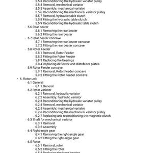 May include: A detailed list of mechanical components and procedures, including "Replacing the rasp bars and backing bars" and "Removal, hydraulic variator." The text is in a clear, easy-to-read font.