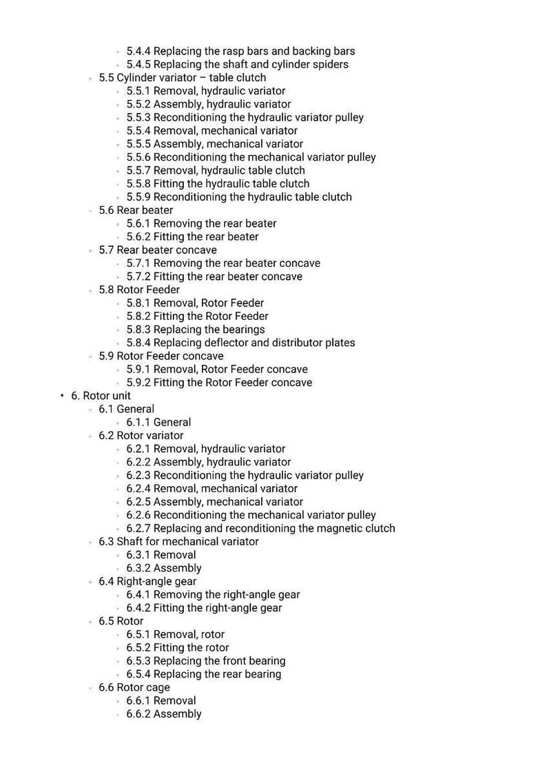 May include: A detailed list of mechanical components and procedures, including "Replacing the rasp bars and backing bars" and "Removal, hydraulic variator." The text is in a clear, easy-to-read font.