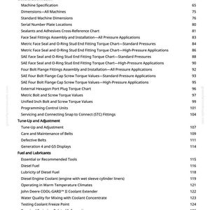 May include: A page from a manual with a table of contents. The text includes topics like "Machine Specification", "Diesel Fuel", and "Testing Coolant Freeze Point". The page number is 3.
