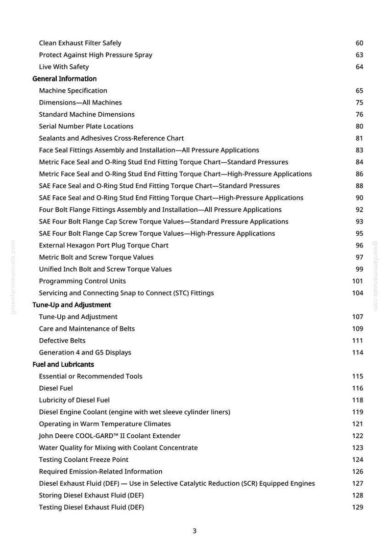 May include: A page from a manual with a table of contents. The text includes topics like "Machine Specification", "Diesel Fuel", and "Testing Coolant Freeze Point". The page number is 3.