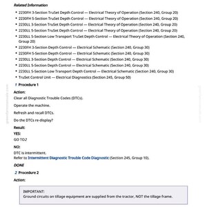 May include: A technical document titled "TC1 000627.04 - Battery 1 Voltage Low" with troubleshooting steps. Includes related information, procedures, and diagnostic instructions for agricultural equipment.