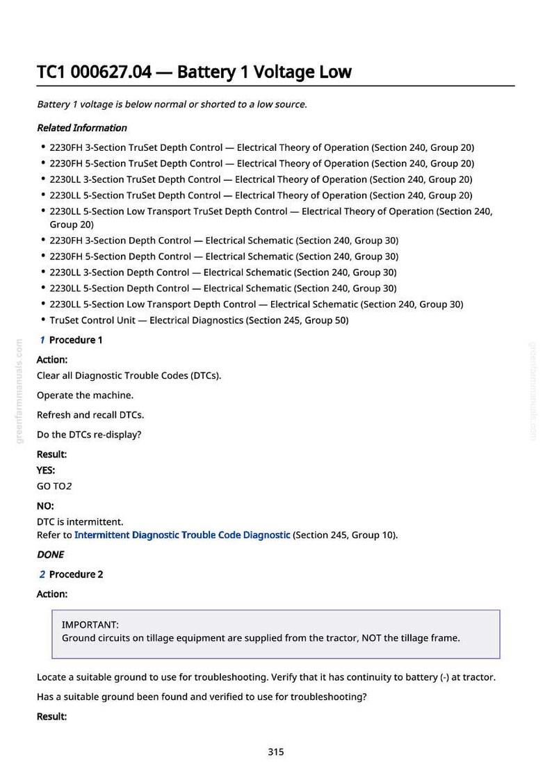 May include: A technical document titled "TC1 000627.04 - Battery 1 Voltage Low" with troubleshooting steps. Includes related information, procedures, and diagnostic instructions for agricultural equipment.