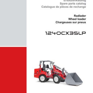 May include: A red and gray wheel loader, model 1240CX35LP, is featured on a white background. The image is from a spare parts catalog, with text in English, French, and German. The Weidemann logo is at the top.