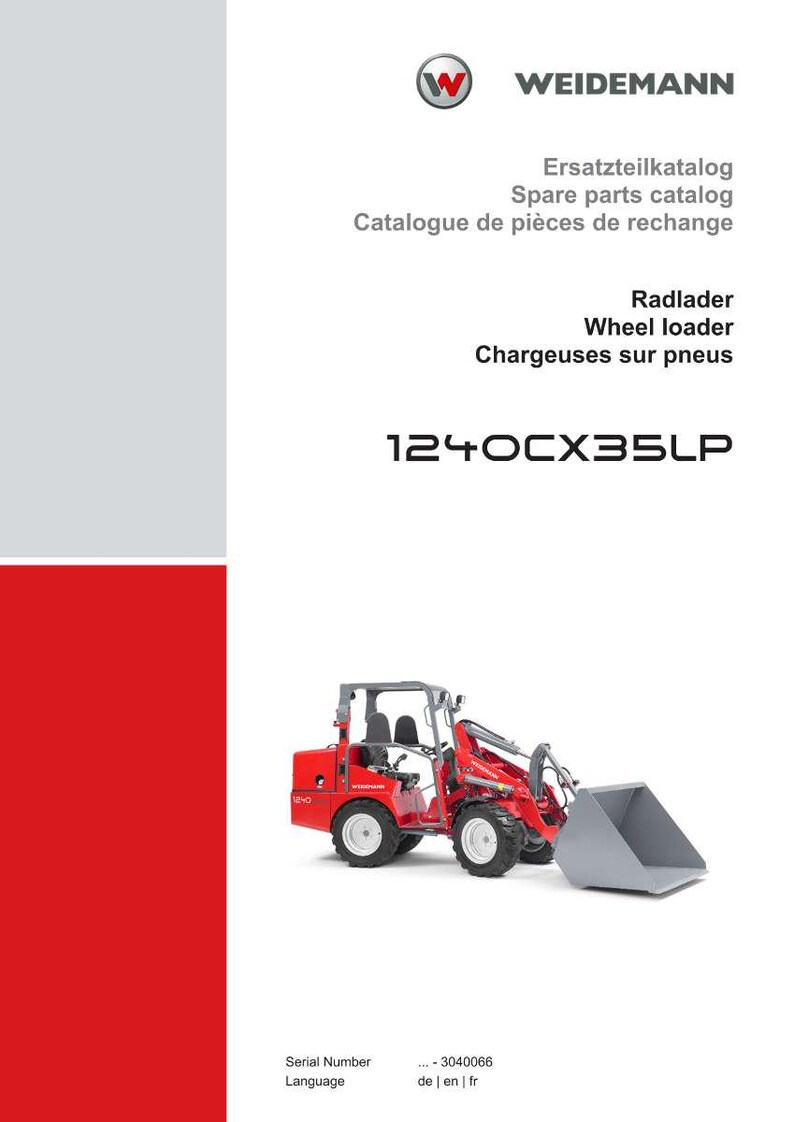 May include: A red and gray wheel loader, model 1240CX35LP, is featured on a white background. The image is from a spare parts catalog, with text in English, French, and German. The Weidemann logo is at the top.