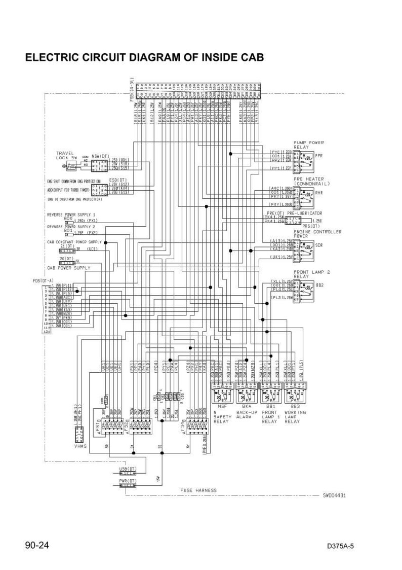 May include: An electrical circuit diagram labeled "ELECTRIC CIRCUIT DIAGRAM OF INSIDE CAB." The diagram features numerous lines, boxes, and labels, including "PUMP POWER RELAY" and "ENGINE CONTROLLER POWER." The diagram is on a white background.