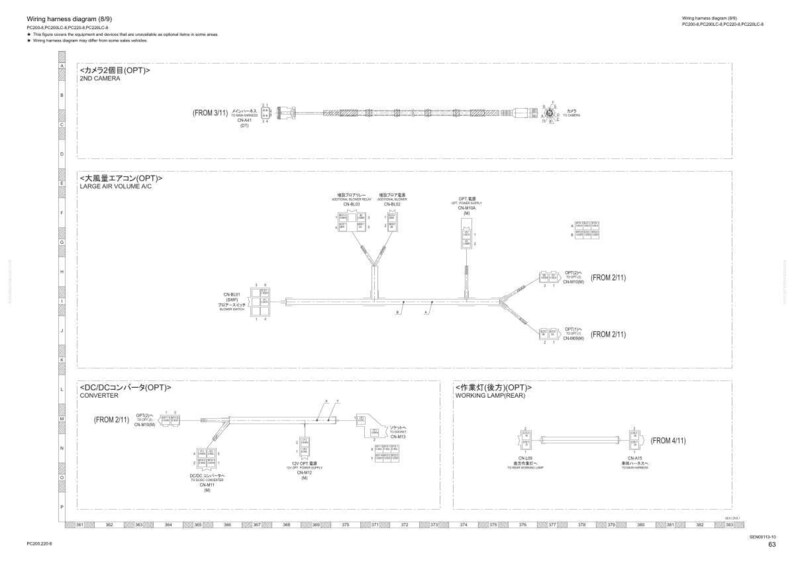 Peut inclure: Un sch&eacute;ma de c&acirc;blage d&eacute;taill&eacute; en noir et blanc, avec des composants &eacute;tiquet&eacute;s pour 2ND CAMERA, LARGE AIR VOLUME A/C, DC/DC CONVERTER et WORKING LAMP/REAR. Le sch&eacute;ma comprend du texte japonais et diverses illustrations de connecteurs.
