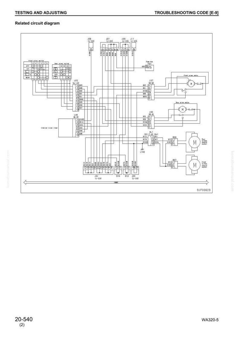 May include: A detailed circuit diagram with text including "TESTING AND ADJUSTING" and "TROUBLESHOOTING CODE [E-9]" is displayed. The diagram features various electrical components, lines, and labels, with the code "9JF00629" visible.