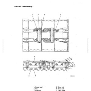 May include: Diagram of a track shoe assembly, labeled with parts like dust seal, pin, bushing, and link. The text "STRUCTURE AND FUNCTION" and "TRACK SHOE" are at the top. Serial number 16449 and up is also visible.