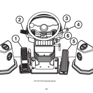 K&ouml;nnte beinhalten: Schwarz-Wei&szlig;-Diagramm einer Lenks&auml;ulenbaugruppe. Das Bild zeigt ein Lenkrad, Pedale und andere Komponenten, die mit Zahlen gekennzeichnet sind. Der Text "TX1115117-UN: Steering Column" befindet sich unten.