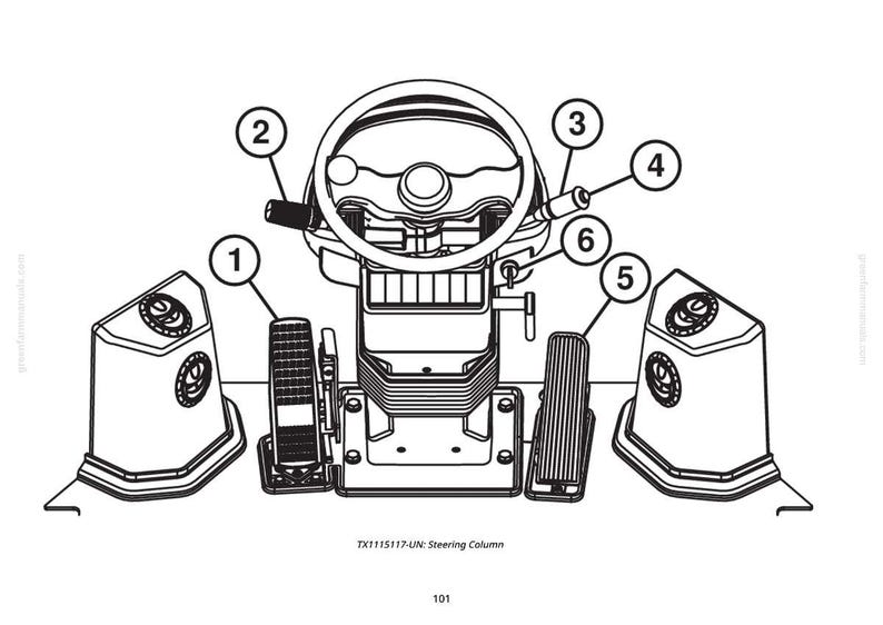 K&ouml;nnte beinhalten: Schwarz-Wei&szlig;-Diagramm einer Lenks&auml;ulenbaugruppe. Das Bild zeigt ein Lenkrad, Pedale und andere Komponenten, die mit Zahlen gekennzeichnet sind. Der Text "TX1115117-UN: Steering Column" befindet sich unten.